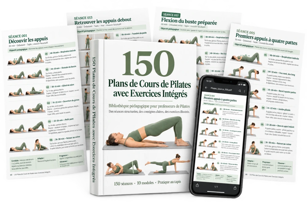 Pack de 150 plans de cours de Pilates présenté dans un livre, des fiches illustrées et un smartphone